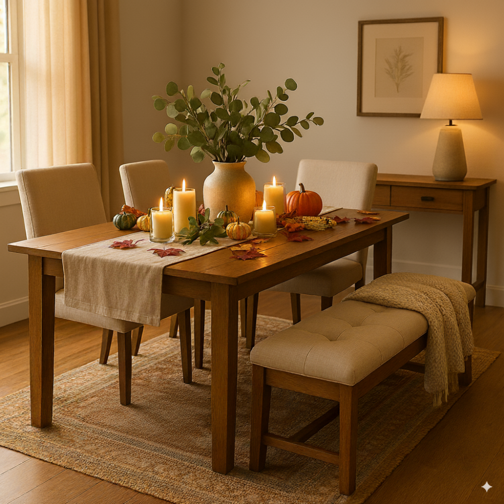 A stylish entryway with a console table, rug, and seasonal fall decor